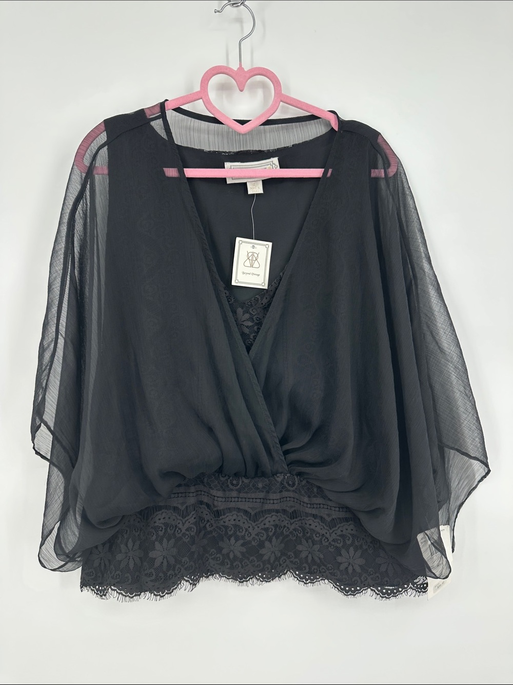 Beyond Vintage Black Lace-Trim Surplice Blouse - Women's large